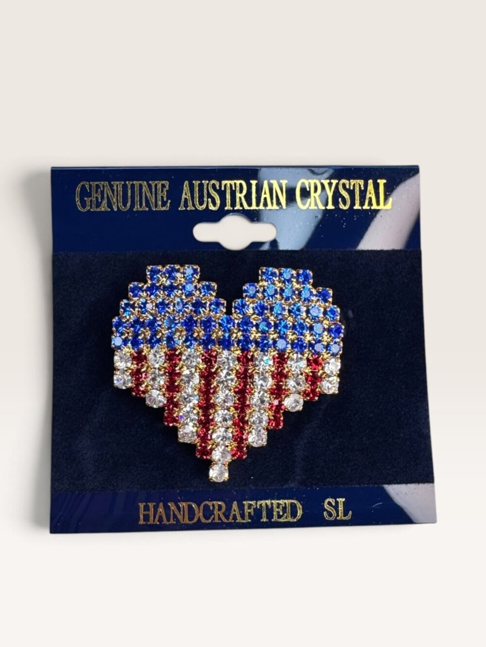 OTC Patriotic American Flag Heart Rhinestone Brooch Pin Vintage 90s